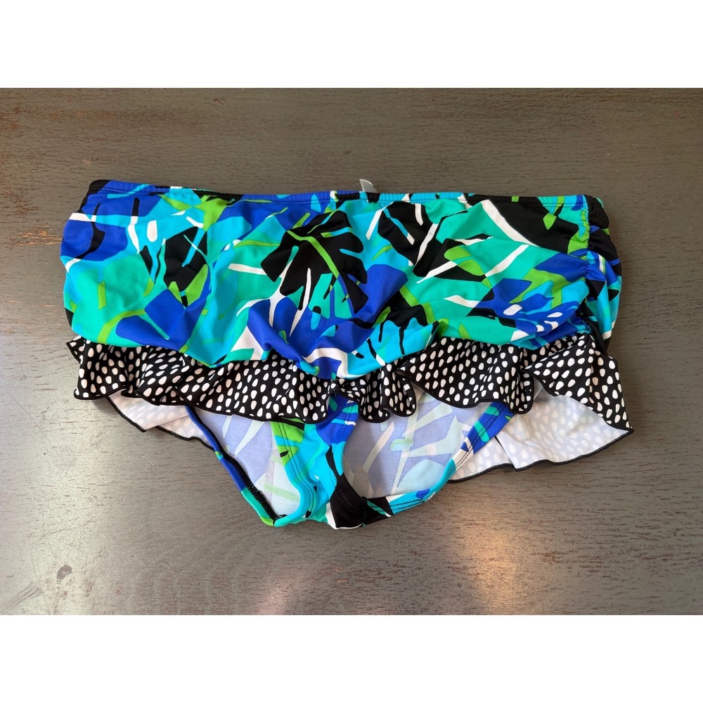 24th & Ocean Tropical Leaf Polka Dot Ruffle Swim Bottoms XL Blue Green TF2WJ92